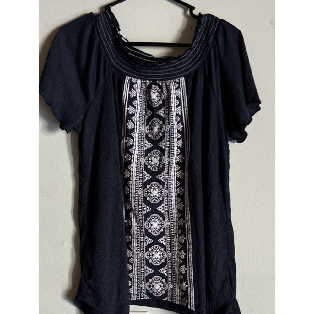 New Directions Womens Size XL Embroidered Floral Peasant Top Short Sleeve